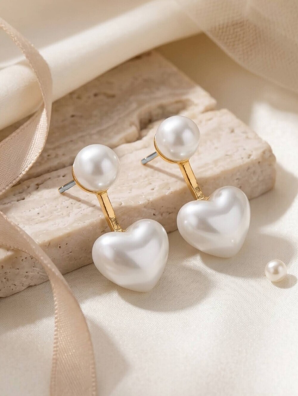 2-in-1 Heart Pearl Ear Jacket Stud Earrings Gold Plated Dainty Coquette Bridal